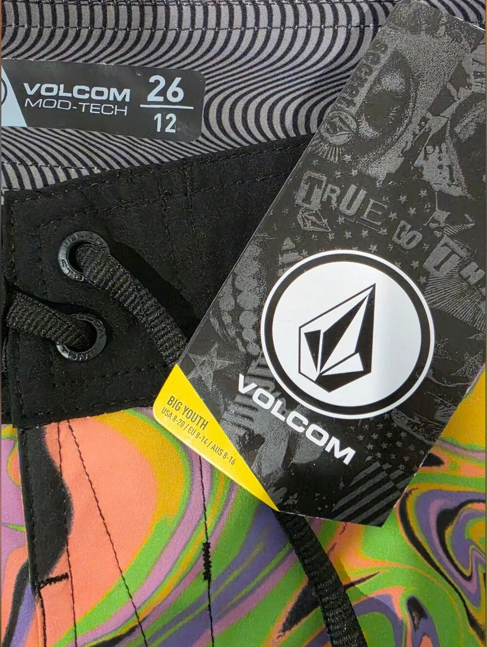 Volcom Mod-Tech Swim Board Shorts Black Purple Green Pink Boy's 12 (26) NWT